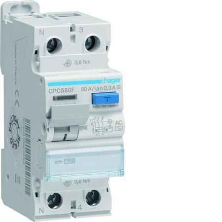 CPC580F Hager CPC RCCB, 80A, 1P+N Pole, 300mA, Type AC, 230V ac