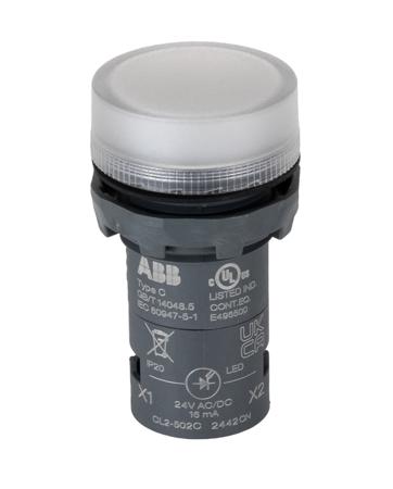 1SFA619403R5028  CL2-502C ABB, Panel Mount White LED Pilot Light, 22mm Cutout, IP66, IP67, IP69K, IP20, Round, 24V