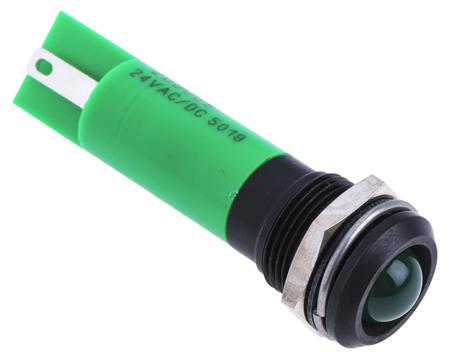 209-068 RS PRO Green Panel Mount Indicator, 24V ac/dc, 12mm Mounting Hole Size, Solder Tab Termination, IP67