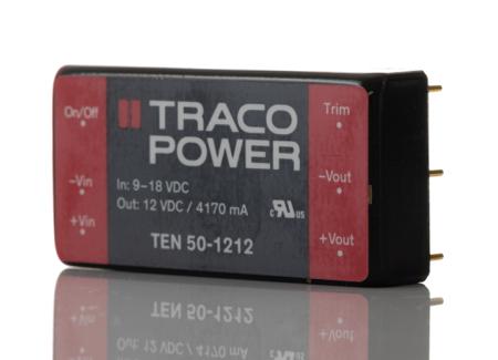 TEN-50-1212 TRACOPOWER TEN 50 50W Isolated DC-DC Converter Through Hole, Vin 9 → 18 V dc, Vout 12V dc