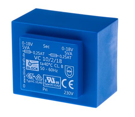 VC 10/2/18 Block 18V ac 2 Output Through Hole PCB Transformer, 10VA