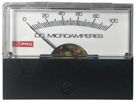 186-2536 RS PRO Analogue Panel Ammeter 100 (Input)μA DC, 57mm x 44mm, ±1.5 % Moving Coil
