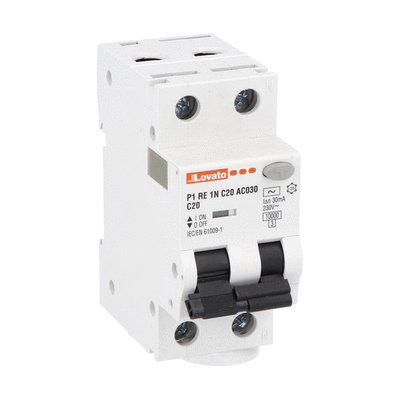 P1RE1NC20AC030 Lovato RCBO, 20A Current Rating, 1P+N Poles, 30mA Trip Sensitivity, Type C, P1 Range