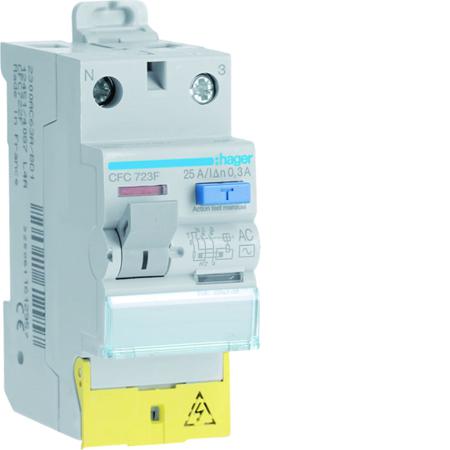 CFC723F Hager CFC RCCB, 25A, 1P+N Pole, 300mA, Type AC, 230 → 300V ac