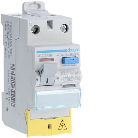 CDC749F Hager CDC RCD Switch, 40A, 2 Pole, 30mA, Type AC, 127 → 230V