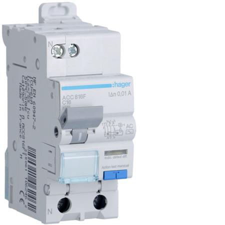 ACC816F Hager RCBO, 16A Current Rating, 1P+N Poles, 10mA Trip Sensitivity, Type AC