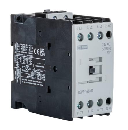 250-8828 RS PRO RSPRO38-01 Contactor, 24 V AC Coil, 3-Pole, 38 A, 18.5 kW, 1NC, 690 V