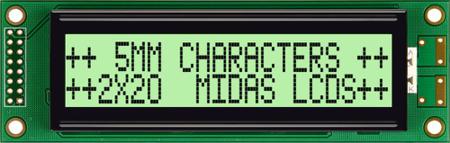 MC22005A6W-GPTLY-V2 Midas  MC22005A6W Alphanumeric LCD Display, Black on Yellow/Green, 2 Rows by 20 Characters,