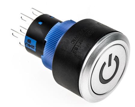175-9024 2NO/2NC Lock Push Button Switch, IP65, 22.2 Dia.mm, Panel Mount Blue LED, Power Symbol, 250V ac