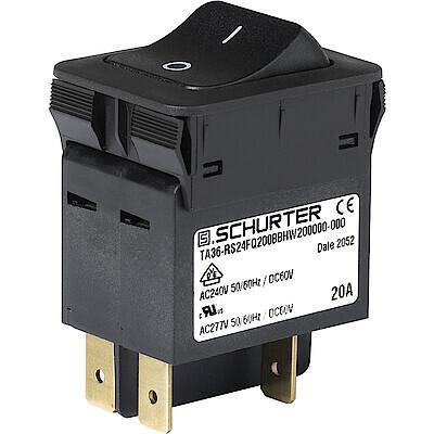 3-128-216 Schurter TA36 Rocker Circuit Breaker - TA36 2 Pole 60 V dc, 277 V ac Voltage Rating, 20A Current Rating
