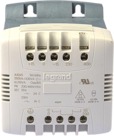 0 442 65 Legrand 250VA DIN Rail Transformer, 215V ac, 230V ac, 245V ac, 385V ac, 400V ac, 415V ac Primary, 115V ac Secondary