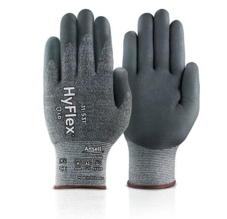 11531VP060 Ansell HyFlex 11-531 Black Glass Fiber, HPPE, Nylon, Spandex (Liner) Abrasion Resistant, Cut Resistant Gloves, Size 6,