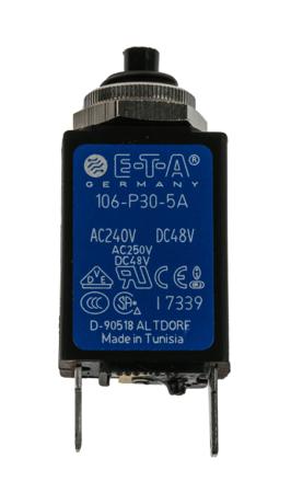 106-P30-000040-5A ETA Thermal Circuit Breaker - 106-P30  Single Pole 250V Voltage Rating Panel Mount, 5A Current Rating