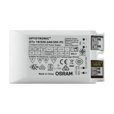 OTE 18/220-240/350 PC Osram LED Driver, 27 → 54V Output, 19W Output, 350mA Output, Constant Current Dimmable