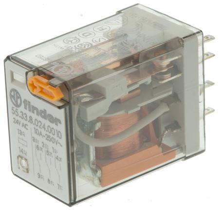 55.33.8.024.0010 Finder Plug In Power Relay, 24V ac Coil, 10A Switching Current, 3PDT