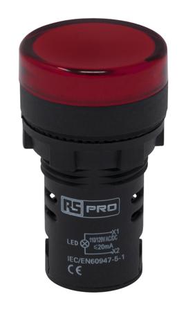 763-7927 RS PRO, Panel Mount Red LED Pilot Light, 22mm Cutout, IP65, Round, 110V ac