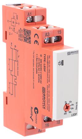 LEDF 24VAC/DC/230VAC. 2-60 Sec Broyce Control DIN Rail Mount Timer Relay, 24V ac, 1-Contact, 2 → 60s, 1-Function, SPDT