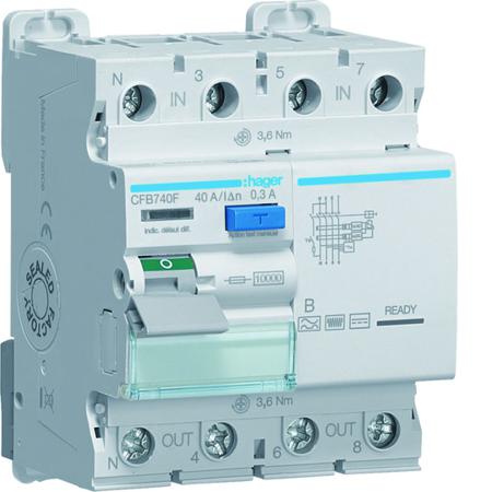 CFB740F Hager CFB RCD Switch, 40A, 4 Pole, 300mA, Type B, 230 → 400V