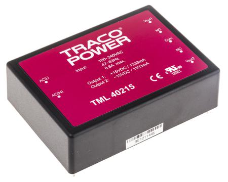 TML 40215 TRACOPOWER Switching Power Supply, , ±15V dc, 1.333A, 40W, Dual Output, 100 → 375 V dc, 90 → 264