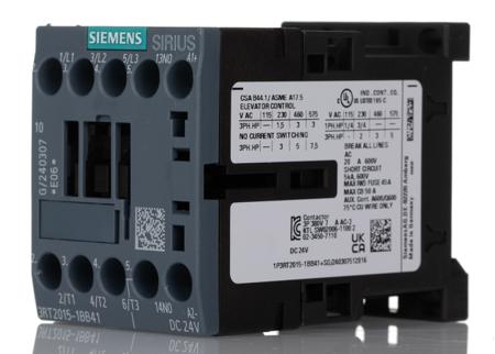 3RT2015-1BB41 Siemens SIRIUS 3RT Size S00, 3RT2 Contactor, 24 V dc Coil, 3-Pole, 7 A, 3 kW, 1NO, 400 V ac