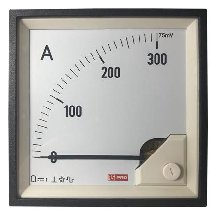186-2506 RS PRO Analogue Panel Ammeter 0/300A For Shunt 75mV DC, 92mm x 92mm, 1 % Moving Coil