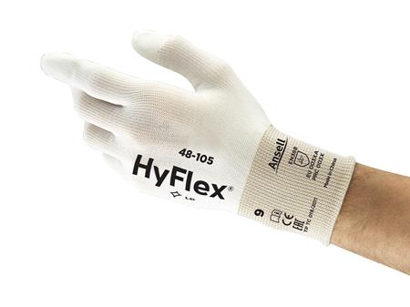 48105070 Ansell HyFlex 48-105 White Nylon Breathable Gloves, Size 7, Polyurethane Coating