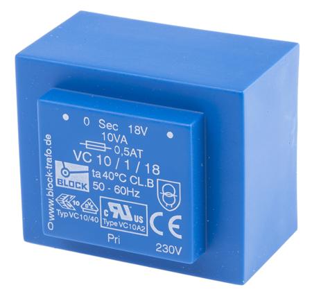 VC 10/1/18 Block 18V ac 1 Output Through Hole PCB Transformer, 10VA