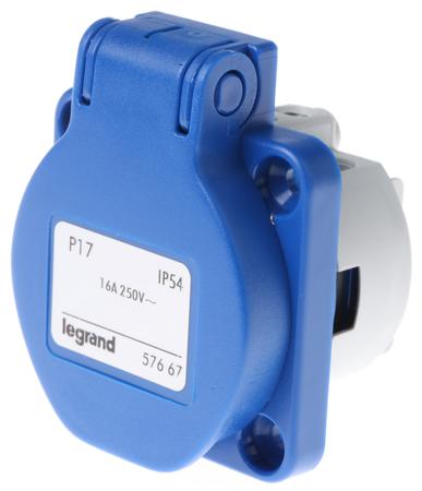 0-576-67 Legrand IP44 Blue Panel Mount 2P+E Industrial Power Socket, Rated At 16A, 250 V ac