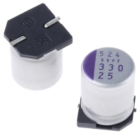 25SVPF330M Panasonic Aluminium Polymer Capacitor 330μF 25V dc 10mm F12 OS-CON Series, Surface Mount Polymer, ±20% 10 x 12.6mm