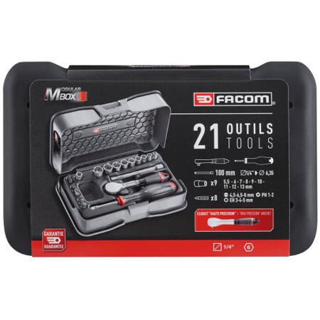 R.181-4P6PB Facom 21-Piece Metric 1/4 in Standard Socket/Bit Set with Ratchet, 6 point