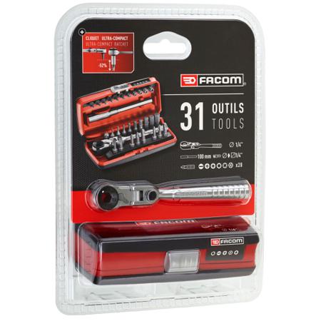 R.180J31PB Facom Driver Bit Set 31 Pieces, Hexagon, Phillips, Pozidriv, Slotted, Torx