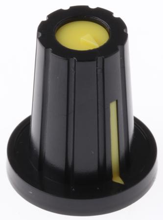 467-6746 RS Pro Potentiometer Knob, Body: Black, for use with knob Dia. 17mm with a Yellow Indicator, 6.4mm Shaft