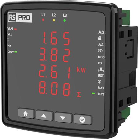 558-891 RS PRO LED Digital Panel Multi-Function Meter for Cos Phi, Phase Current, Phase-Neutral, Phase-Phase, RMS Voltage,