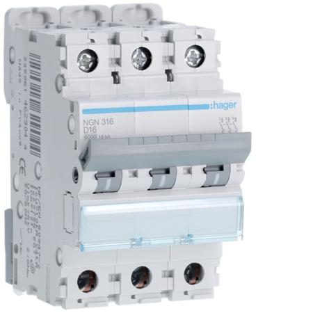 NGN316 Hager NGN MCB, 3P, 16A, 400V AC, 10 Breaking Capacity