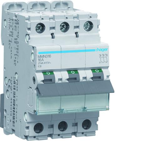 MMN316 Hager MMN MCB, 3P, 16A, 400V AC, 20 kA Breaking Capacity