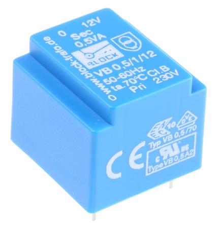 VB 0,5/1/12 Block 12V ac 1 Output Through Hole PCB Transformer, 0.5VA