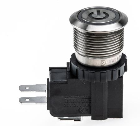175-8063 Single Pole Double Throw (SPDT) Lock Push Button Switch, IP67, 19.1 Dia.mm, Panel Mount, Power Symbol, 250 / 125V ac