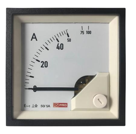 186-2443 RS PRO Analogue Panel Ammeter 10 (Input) A, 100 (Scle) A, 50/5 (CT) A AC, 68mm x 68mm, 1 % Moving Iron