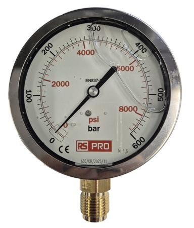 152-298 RS PRO BSP 1/2in Analogue Pressure Gauge 600bar Bottom Entry 100mm Outside Diameter