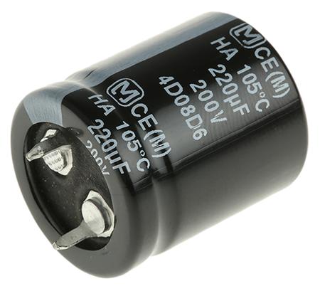 ECEC2DA221BJ Panasonic Aluminium Electrolytic Capacitor 220μF 200V dc 22mm HA SNAP IN Series, Through Hole Electrolytic, ±20%