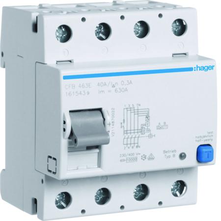 CFB463E Hager CFB RCCB, 63A, 4 Pole, 300mA, Type B, 230 → 400V ac