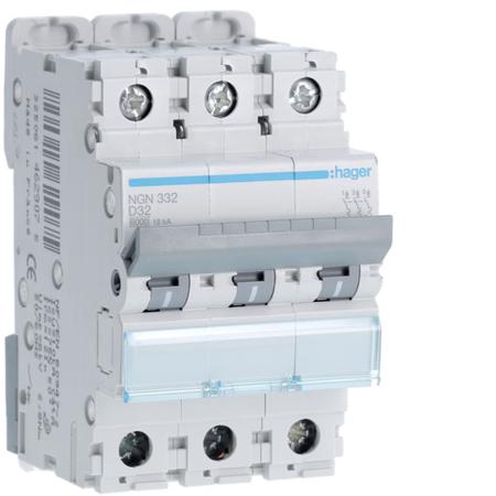 NGN332 Hager NGN MCB, 3P, 32A, 400V AC, 10 Breaking Capacity