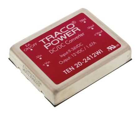 TEN-20-2412WI TRACOPOWER TEN 20WI 20W Isolated DC-DC Converter Through Hole, Vin 9 → 36 V dc, Vout 12V dc
