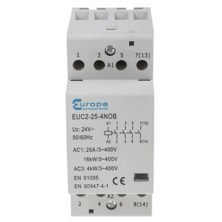 EUC2-25-4NOB Europa 4 Pole Contactor, 4NO, 25 A, 16 kW, 24 V ac Coil