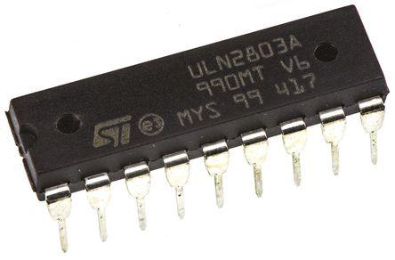 ULN2801A STMicroelectronics  Octal NPN Darlington Transistor, 500 mA 50 V HFE:1000, 18-Pin DIP