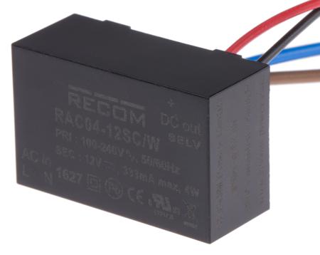 RAC04-12SC/W Recom Switching Power Supply, , 12V dc, 333mA, 4W, 1 Output, 115 → 370 V dc, 80 → 264V ac