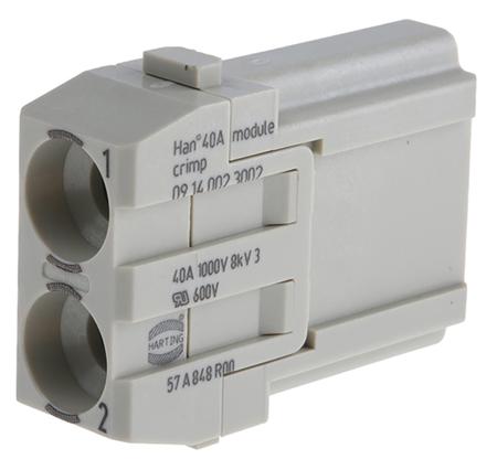 09140023002 Harting Heavy Duty Power Connector Module, 40A, Male, Han-Modular Series, 2 Contacts