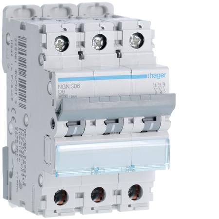 NGN306 Hager NGN MCB, 3P, 6A, 400V AC, 10 Breaking Capacity