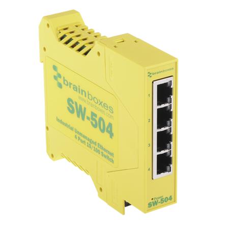 SW-504 Brainboxes DIN Rail Mount Industrial Ethernet Switch, 4 RJ45 Ports