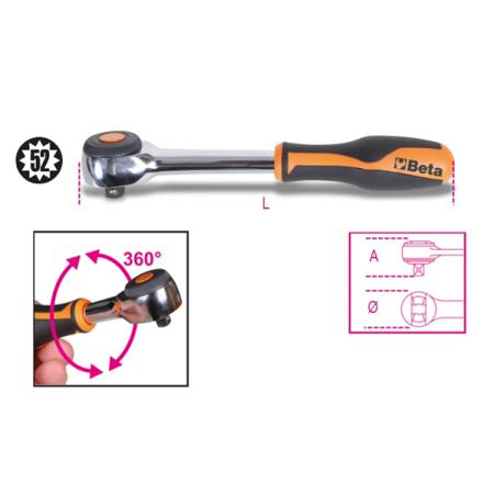 910/58 BETA  3/8 in Round Ratchet with Rotator Handle, 222 mm Overall